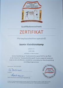 Zertifikat Pferdephysioheiltherapeutin Jasmin Kleinblotekamp