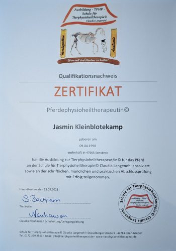 Zertifikat Pferdephysioheiltherapeutin Jasmin Kleinblotekamp